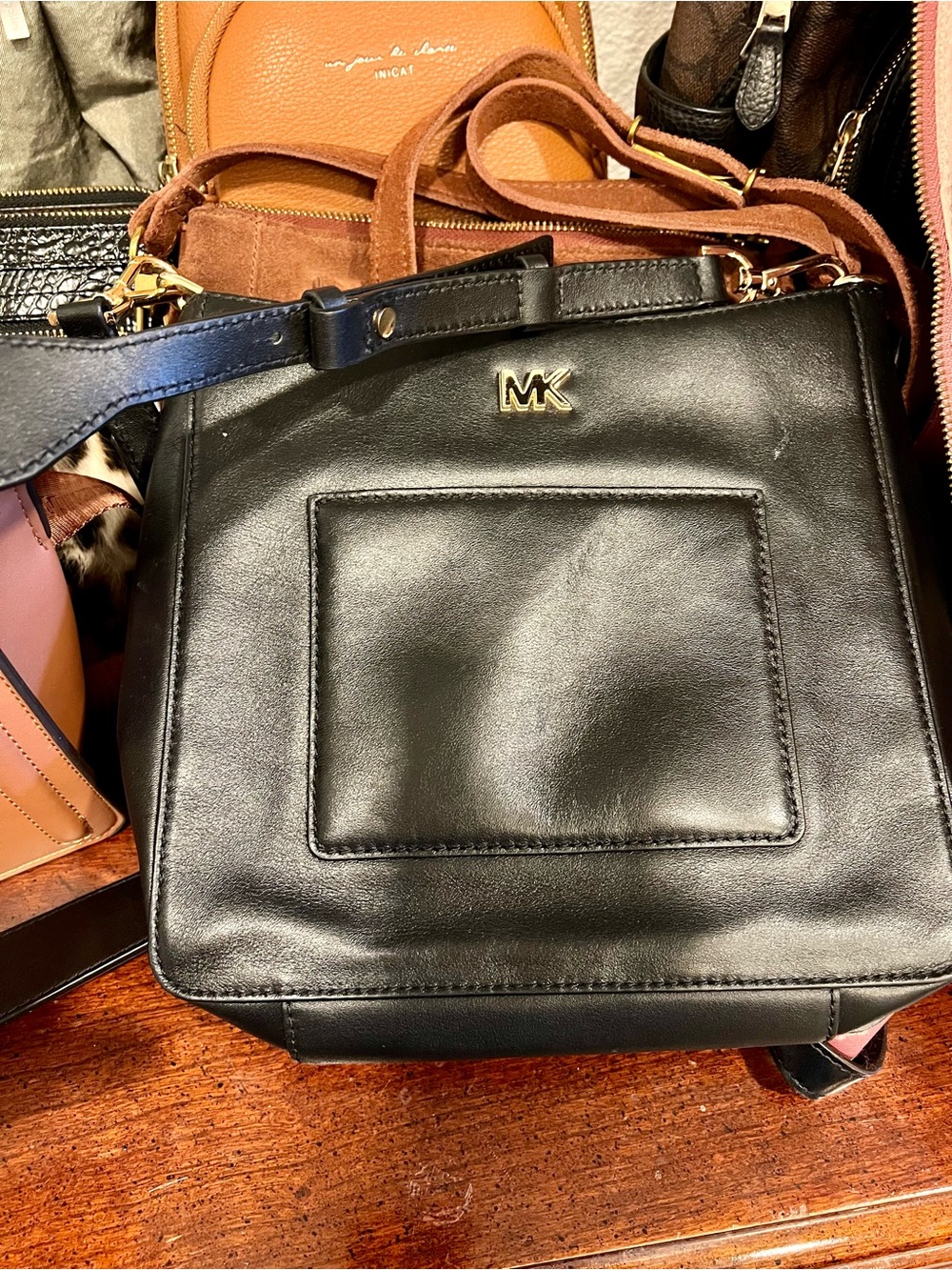 Michael Kors Black Leather Messenger Bag with Gold MK Accent